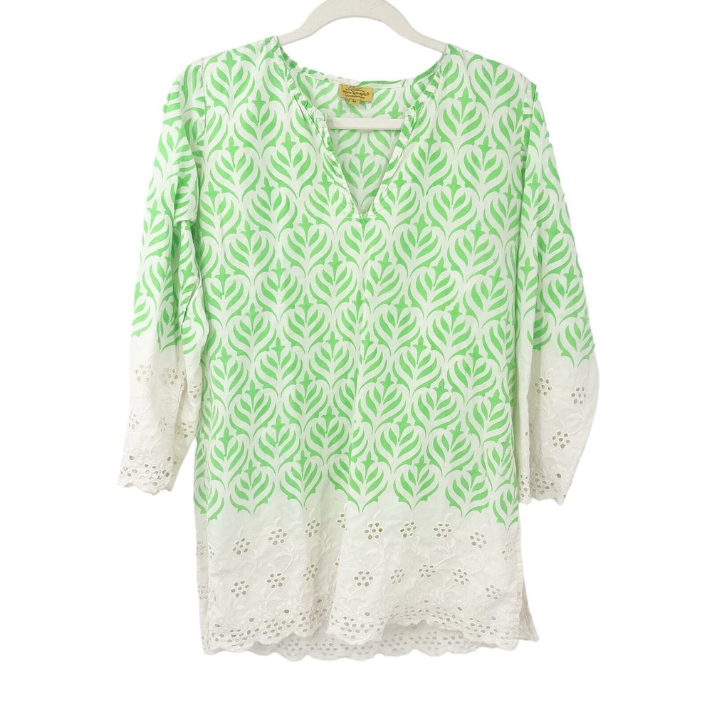 Roberta Roller Rabbit Womens Green Leaf Print Eyelet Lace Boho Tunic Top Size M